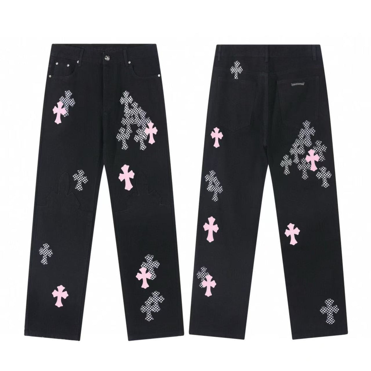 CHROME HEARTS PINK & CHECKERED CROSS PATCH FLEURKNEE JEANS BLACK