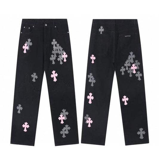 CHROME HEARTS PINK & CHECKERED CROSS PATCH FLEURKNEE JEANS BLACK