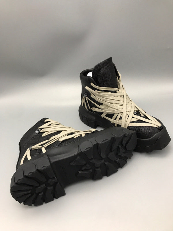 Rick Owens Black High-Top Sneakers with Beige Straps - Phantom Kicks