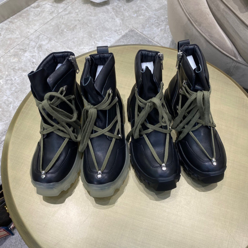 Rick Owens Combat Boots - Black Leather with Olive Laces and Translucent Sole - Phantom Kicks