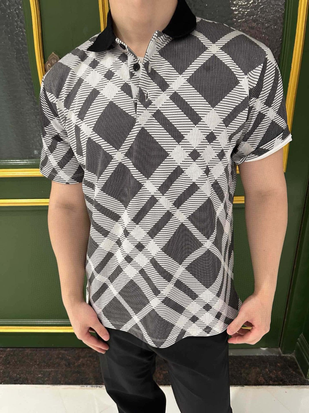 Burberry Geometric Check Polo Shirt (Black and White) - Phantom Kicks