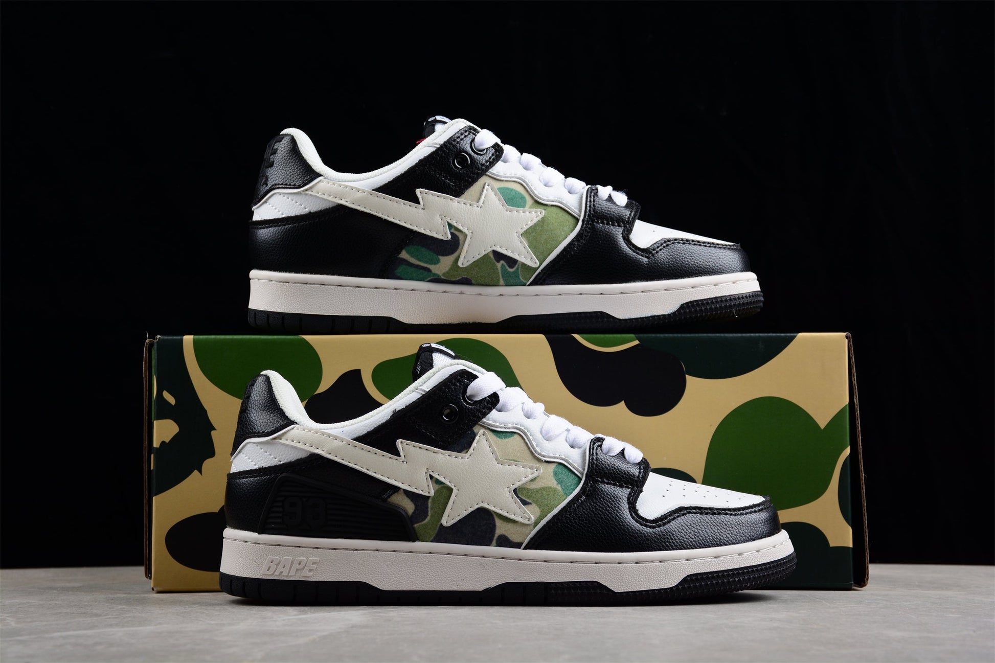 BAPE STA Low-Top Sneakers in Black, White, and Camo - Phantom Kicks
