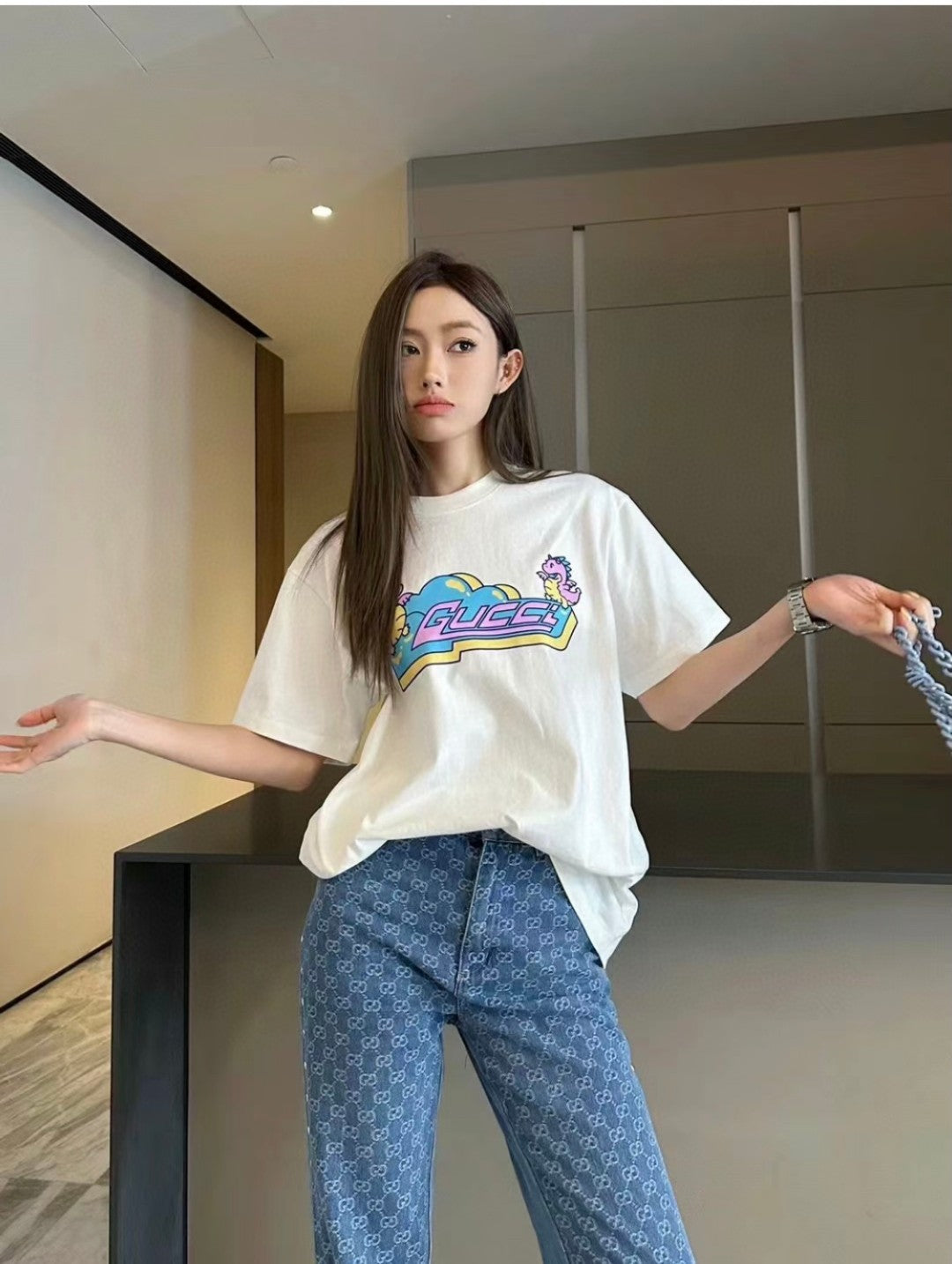 Gucci White T-Shirt with Pink Dinosaur Graphic - Phantom Kicks