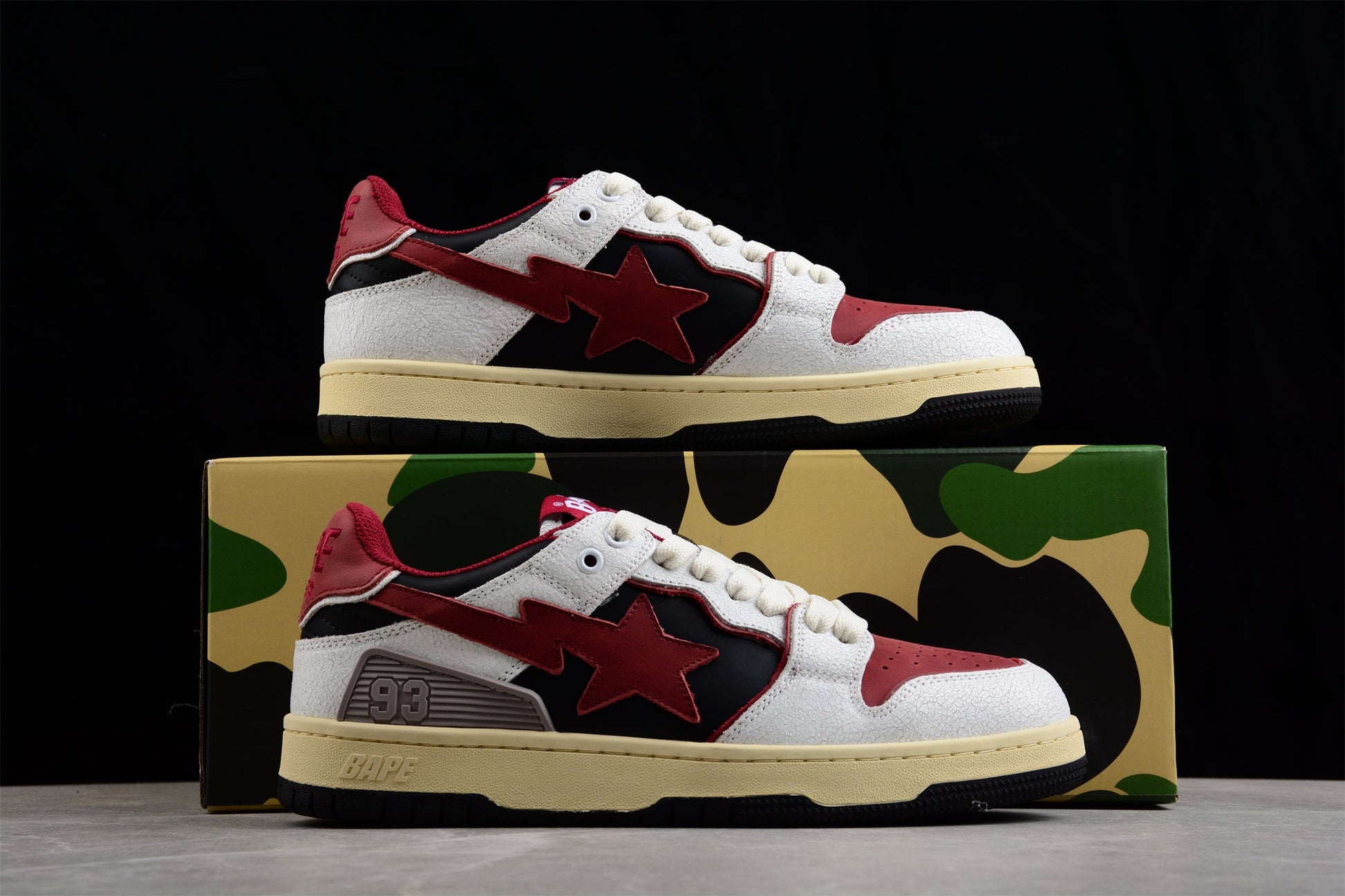 BAPE STA Low Top Sneakers in Red, White, and Black - Phantom Kicks