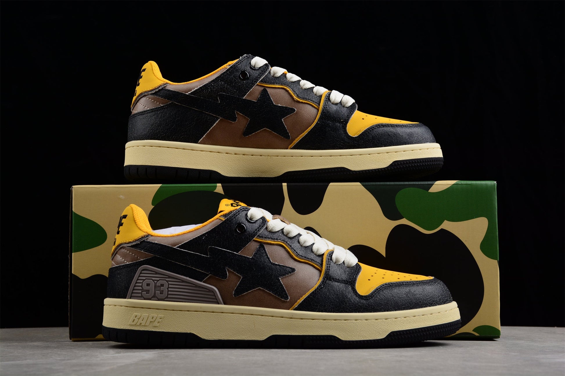 BAPE STA Low Top Sneakers in Black and Yellow - Phantom Kicks