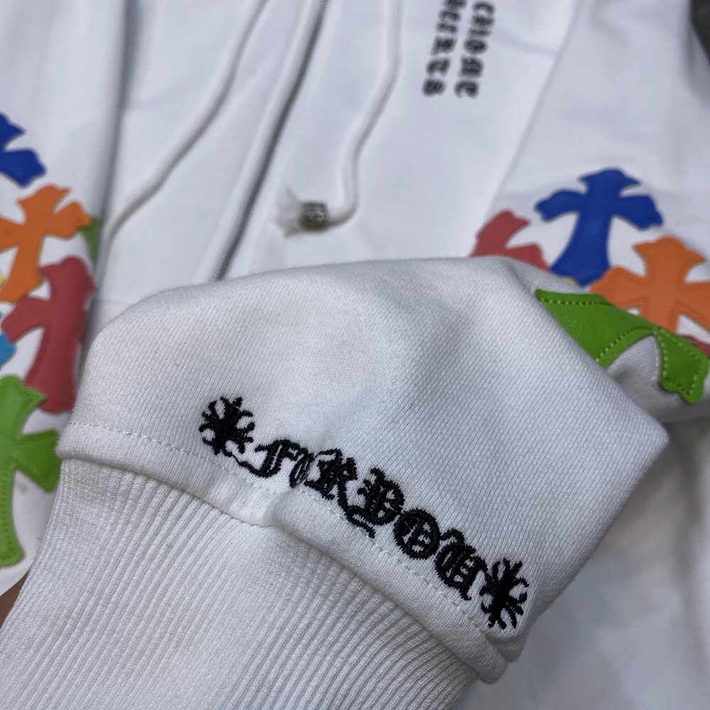 CHROME HEARTS MULTICOLOR CROSS PATCH ZIPPER HOODIE WHITE - Phantom Kicks