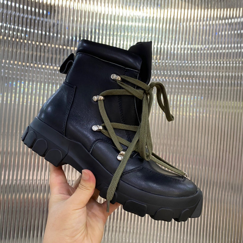 Rick Owens Combat Boots - Black Leather with Olive Laces - Phantom Kicks