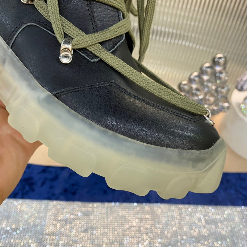 Rick Owens Combat Boots - Black Leather with Olive Laces and Translucent Sole - Phantom Kicks
