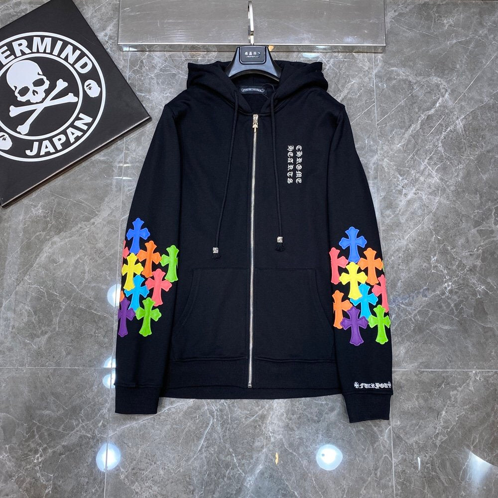 CHROME HEARTS MULTICOLOR CROSS PATCH ZIPPER HOODIE BLACK - Phantom Kicks
