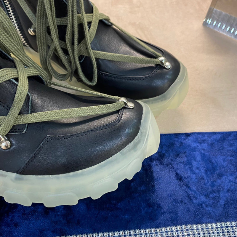 Rick Owens Combat Boots - Black Leather with Olive Laces and Translucent Sole - Phantom Kicks