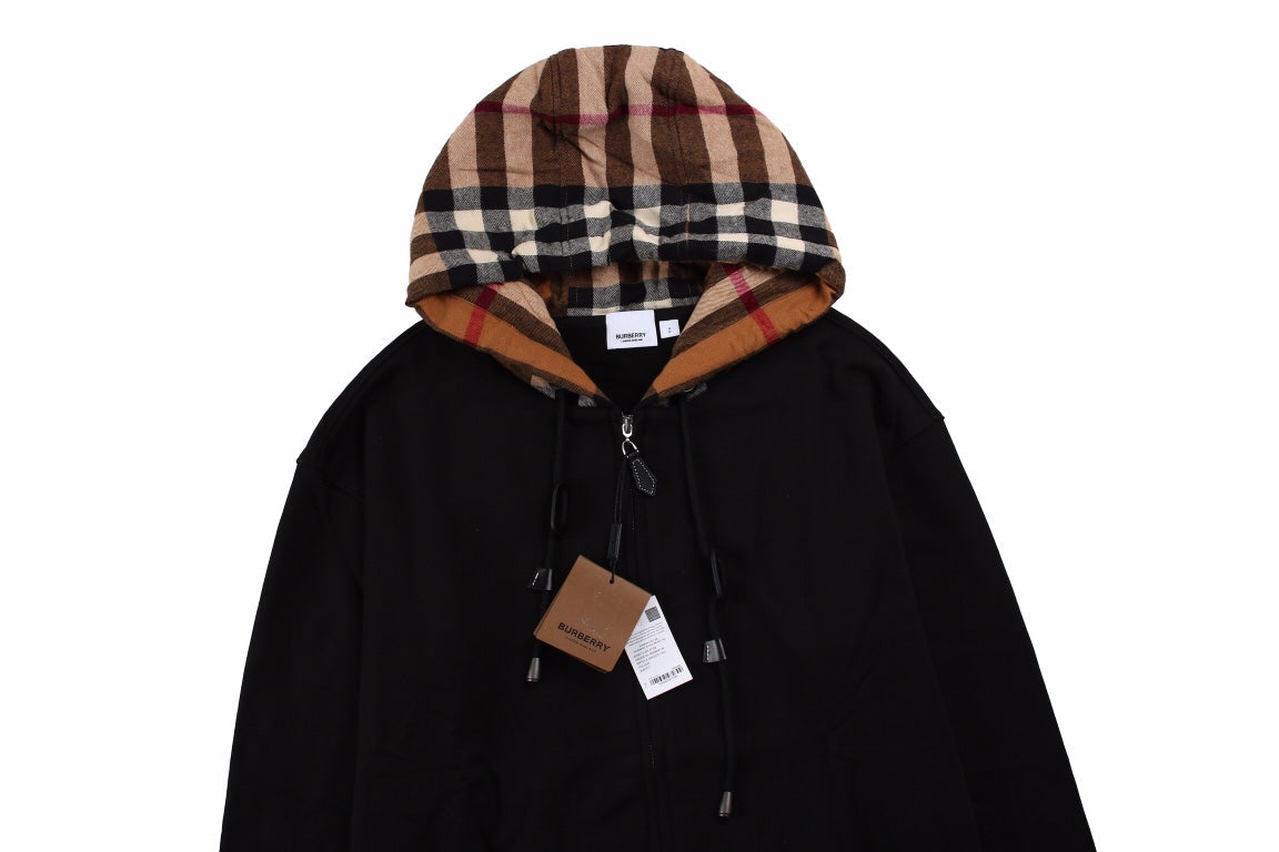 BURBERRY CHECK HOOD COTTON HOODIE BLACK - Phantom Kicks
