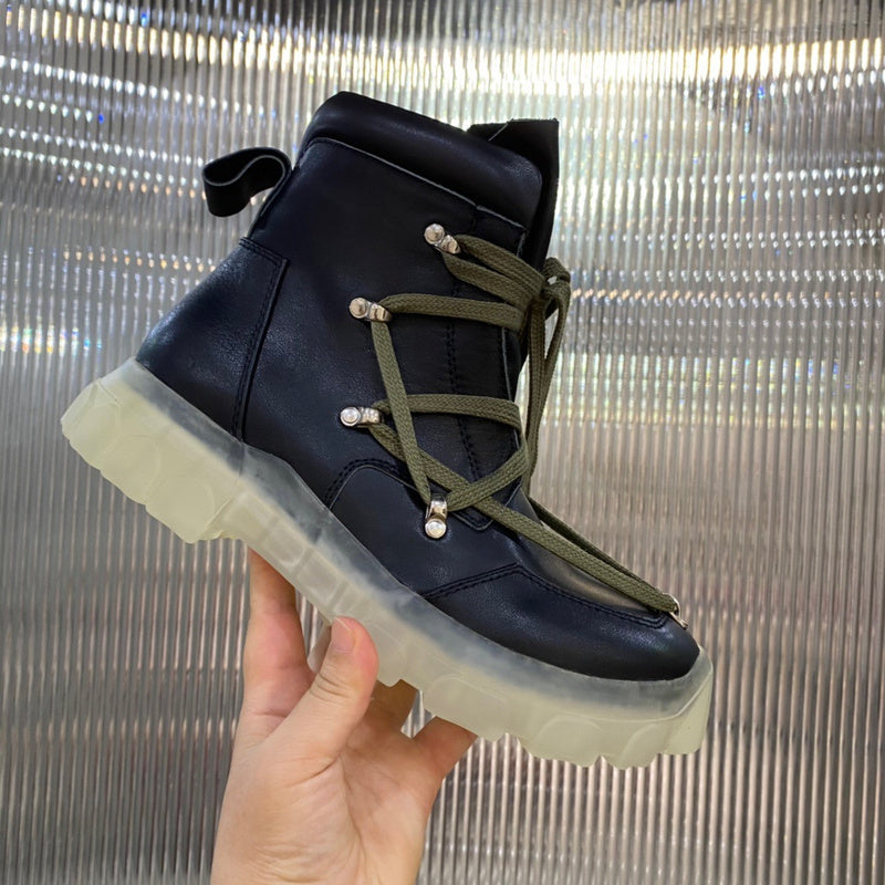 Rick Owens Combat Boots - Black Leather with Olive Laces and Translucent Sole - Phantom Kicks