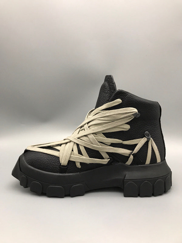Rick Owens Black High-Top Sneakers with Beige Straps - Phantom Kicks