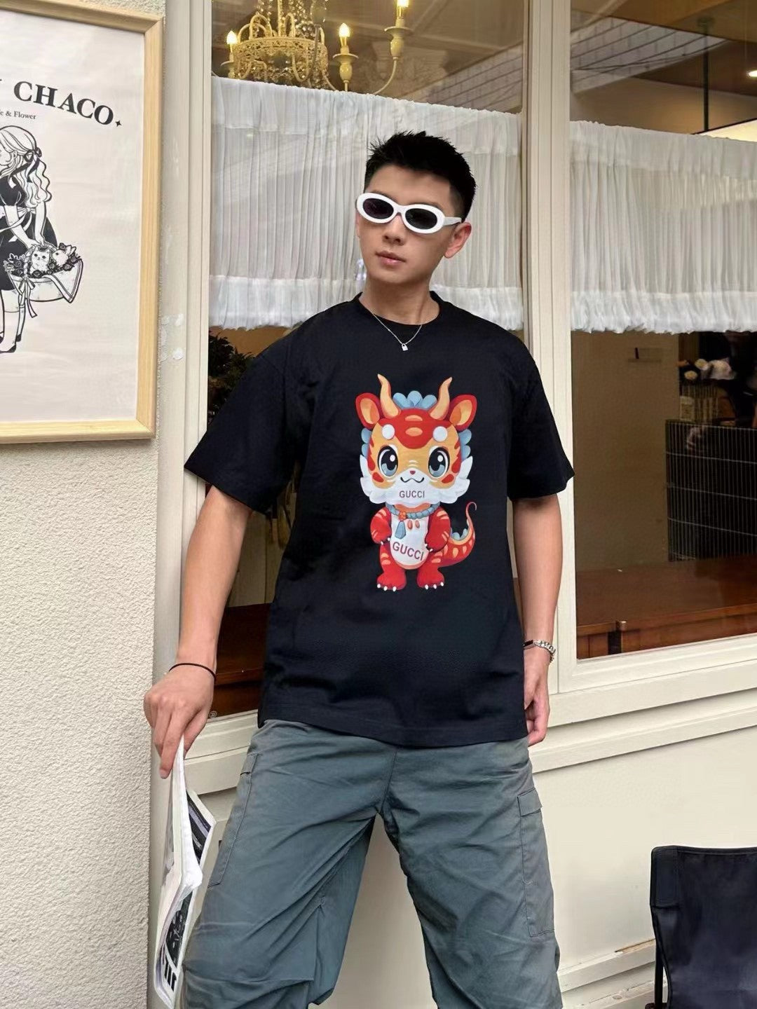Gucci Black T-Shirt with Dragon Cartoon - Phantom Kicks