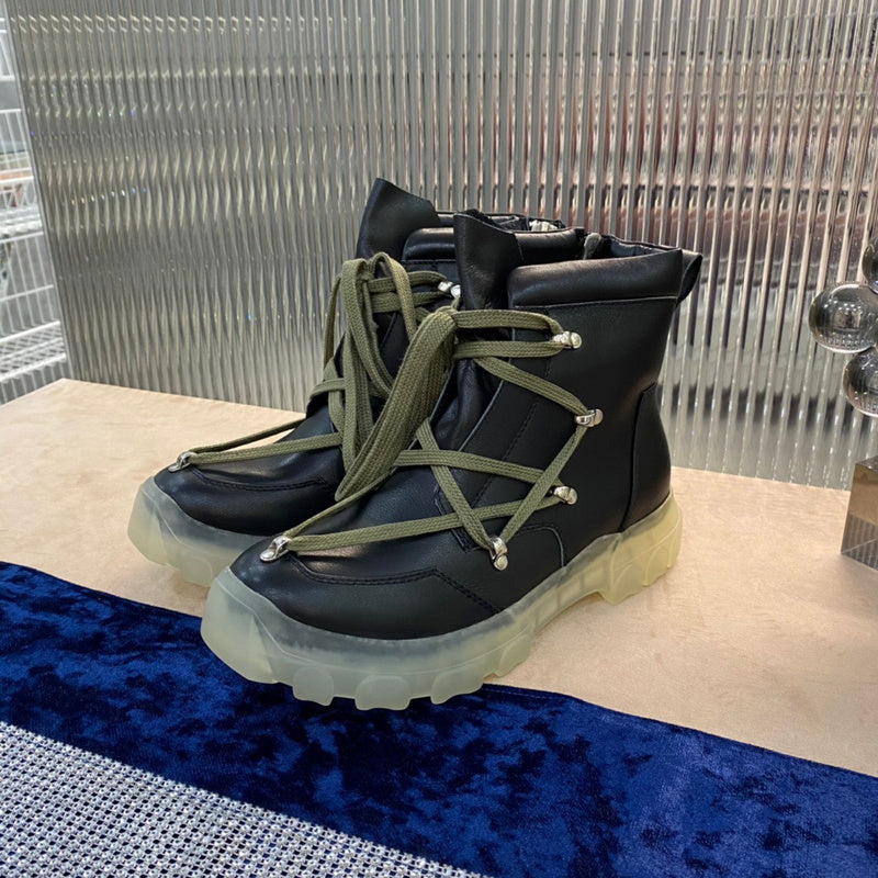 Rick Owens Combat Boots - Black Leather with Olive Laces and Translucent Sole - Phantom Kicks