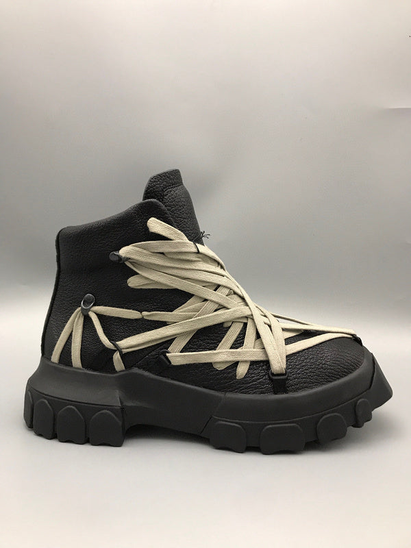 Rick Owens Black High-Top Sneakers with Beige Straps - Phantom Kicks