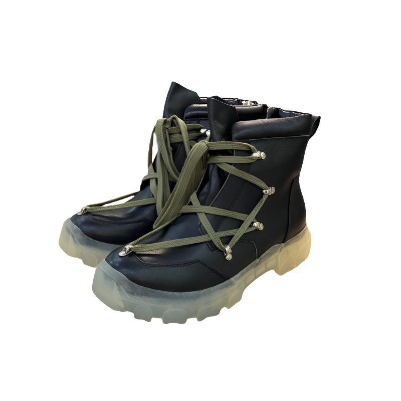 Rick Owens Combat Boots - Black Leather with Olive Laces and Translucent Sole - Phantom Kicks