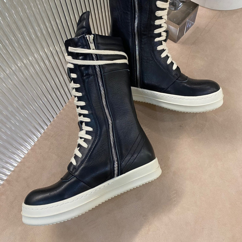 Rick Owens High-Top Leather Boots - Black and Cream - Phantom Kicks