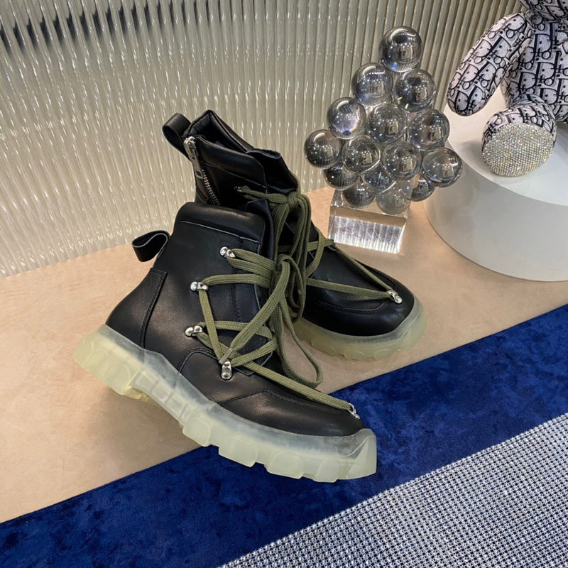 Rick Owens Combat Boots - Black Leather with Olive Laces and Translucent Sole - Phantom Kicks