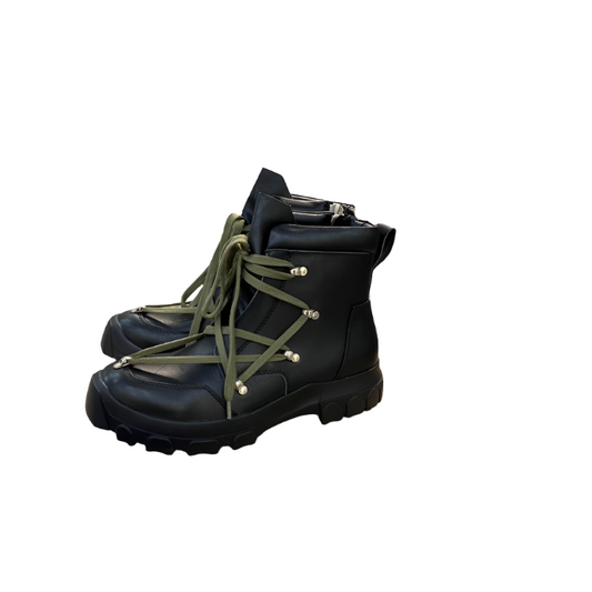Rick Owens Combat Boots - Black Leather with Olive Laces - Phantom Kicks