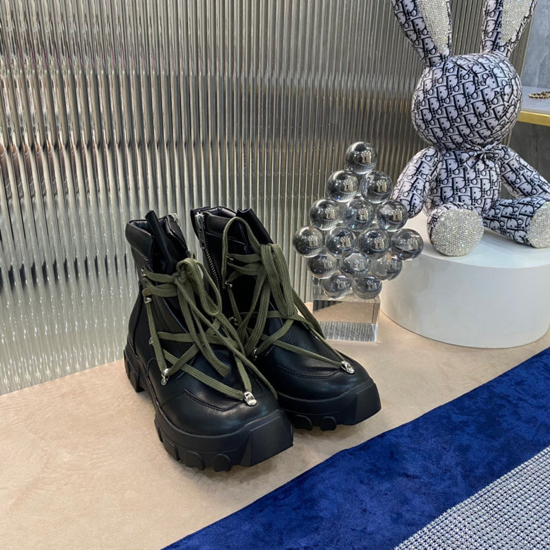 Rick Owens Combat Boots - Black Leather with Olive Laces - Phantom Kicks