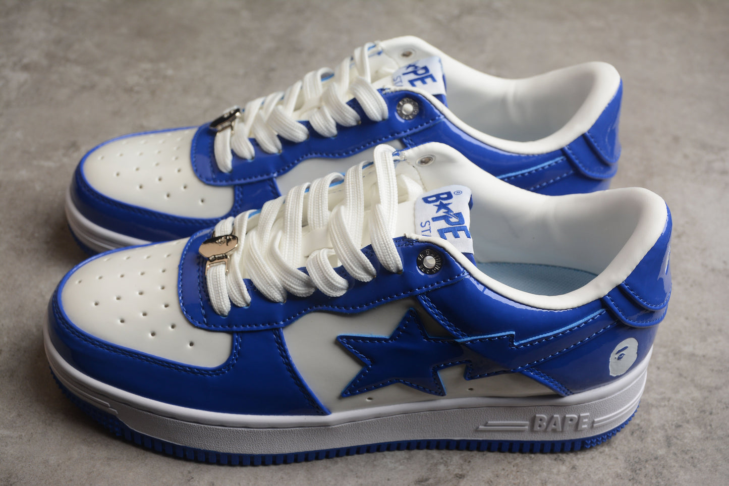 BAPE STA Low-Top Blue and White Patent Leather Sneakers - Phantom Kicks