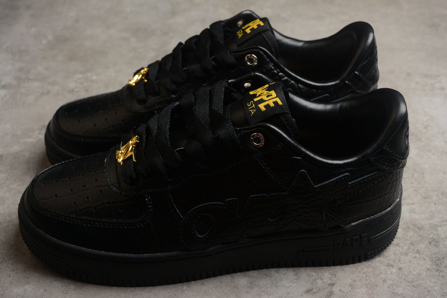BAPE STA Low-Top Black Croc-Embossed Sneakers - Phantom Kicks