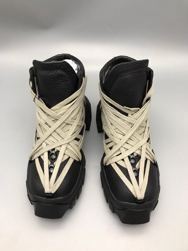 Rick Owens Black High-Top Sneakers with Beige Straps - Phantom Kicks