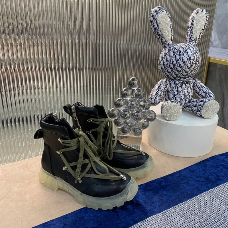 Rick Owens Combat Boots - Black Leather with Olive Laces and Translucent Sole - Phantom Kicks