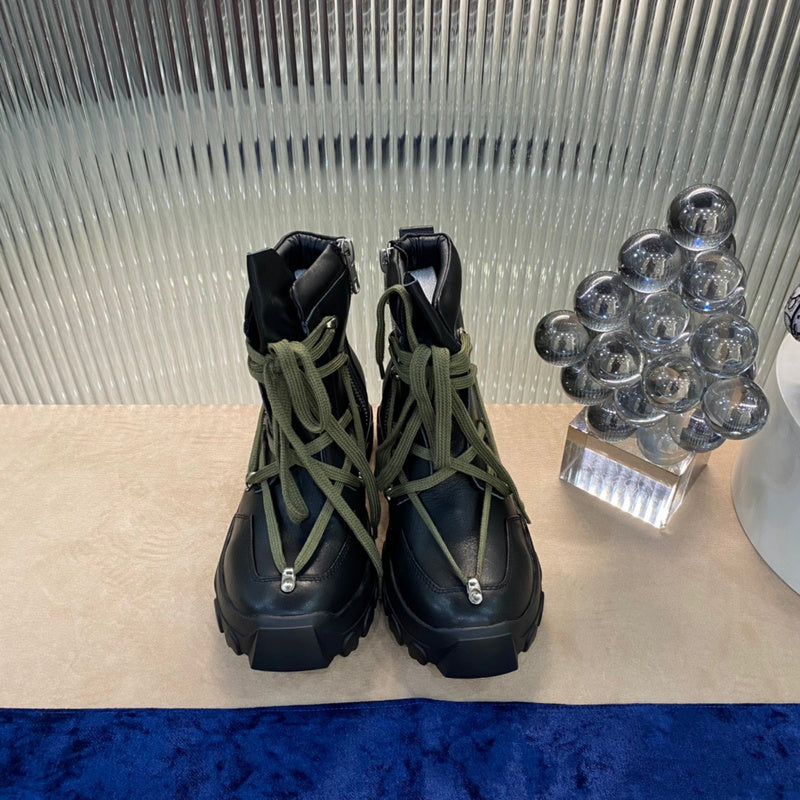 Rick Owens Combat Boots - Black Leather with Olive Laces - Phantom Kicks