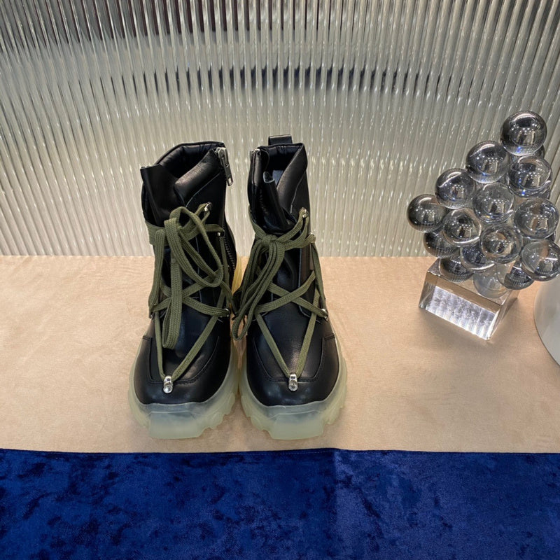 Rick Owens Combat Boots - Black Leather with Olive Laces and Translucent Sole - Phantom Kicks