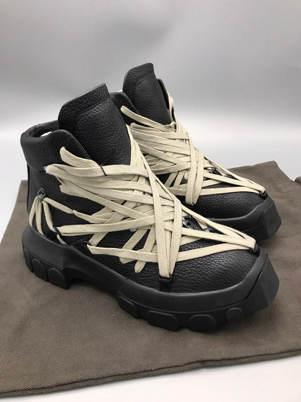 Rick Owens Black High-Top Sneakers with Beige Straps - Phantom Kicks