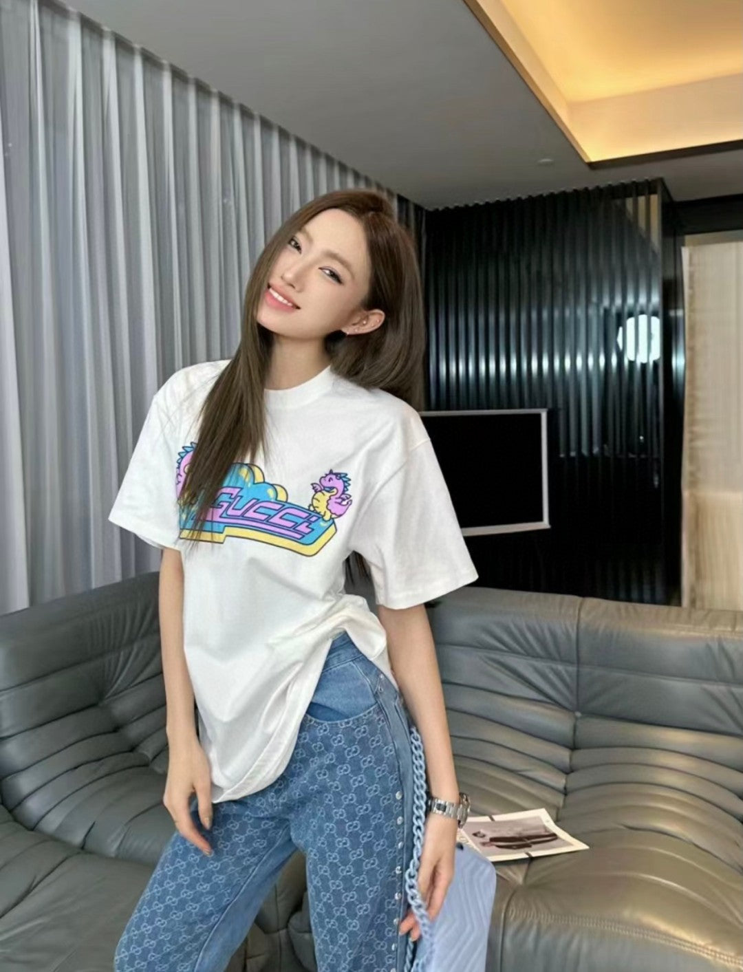 Gucci White T-Shirt with Pink Dinosaur Graphic - Phantom Kicks