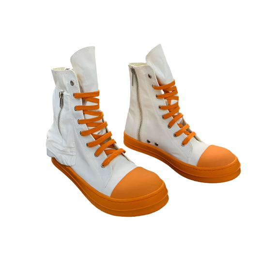 Rick Owens High-Top Canvas Boots - White and Orange - Phantom Kicks