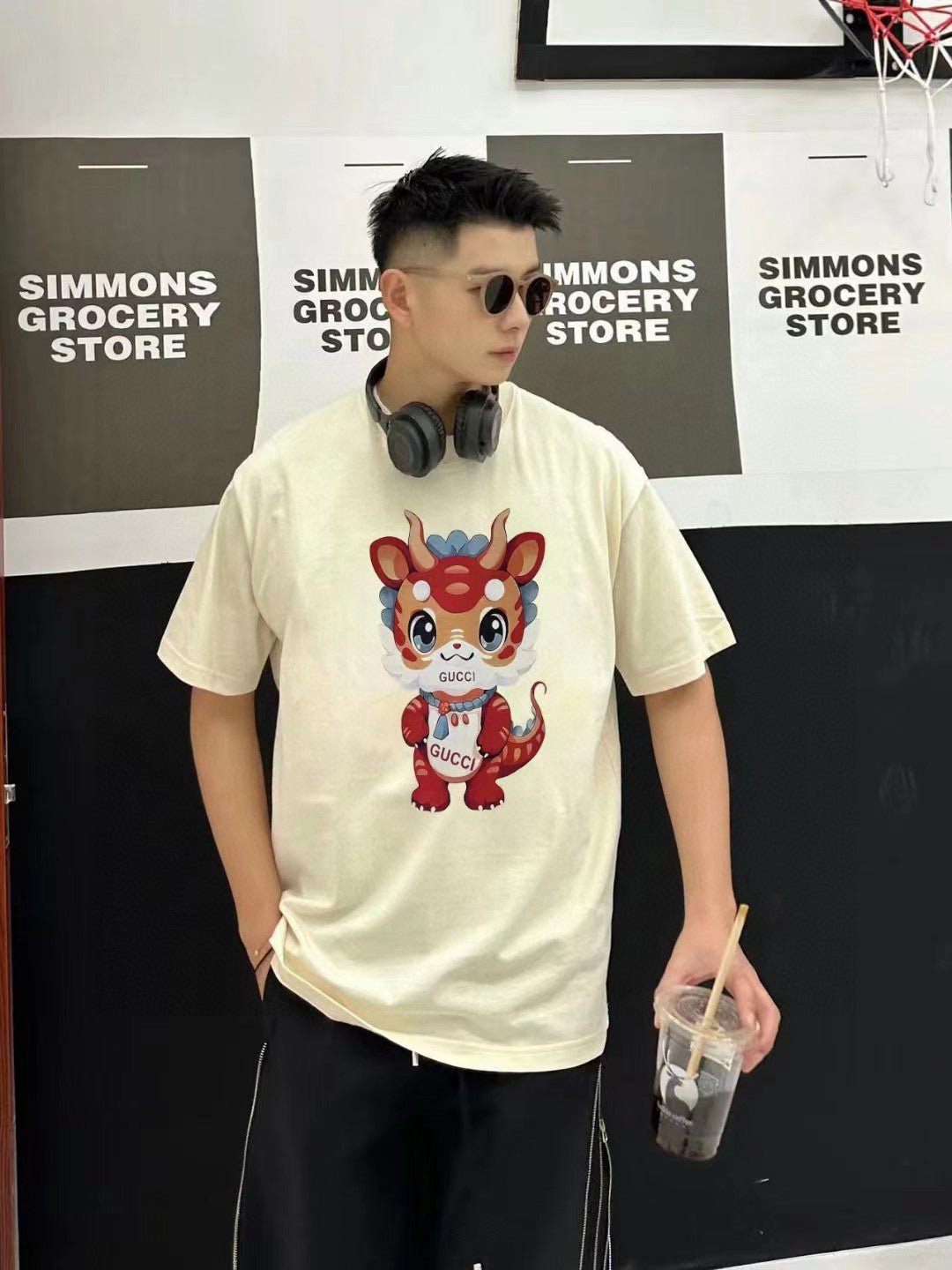 Gucci Cream T-Shirt with Dragon Cartoon - Phantom Kicks