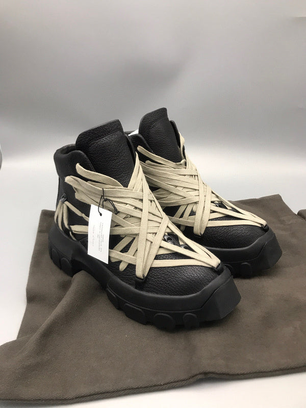 Rick Owens Black High-Top Sneakers with Beige Straps - Phantom Kicks