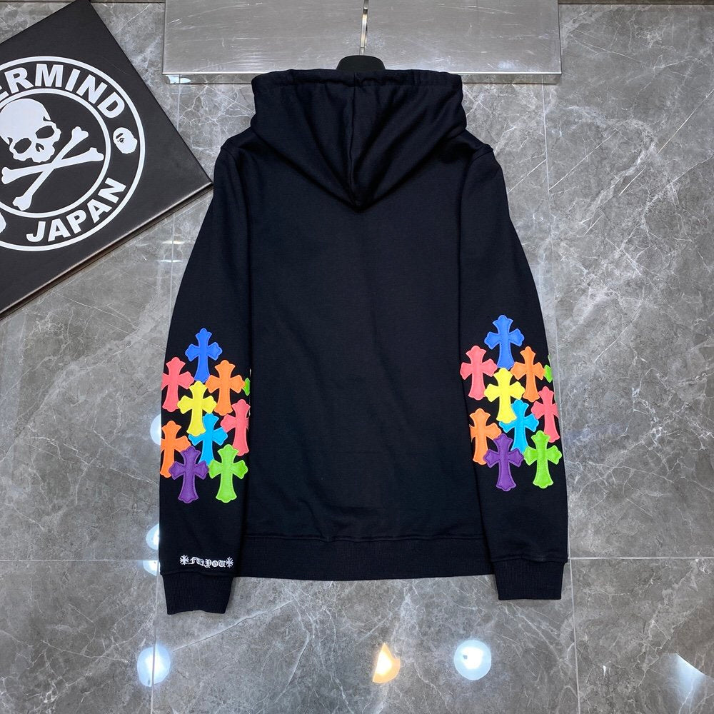 CHROME HEARTS MULTICOLOR CROSS PATCH ZIPPER HOODIE BLACK - Phantom Kicks
