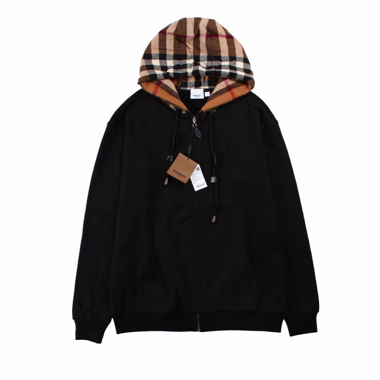 BURBERRY CHECK HOOD COTTON HOODIE BLACK - Phantom Kicks
