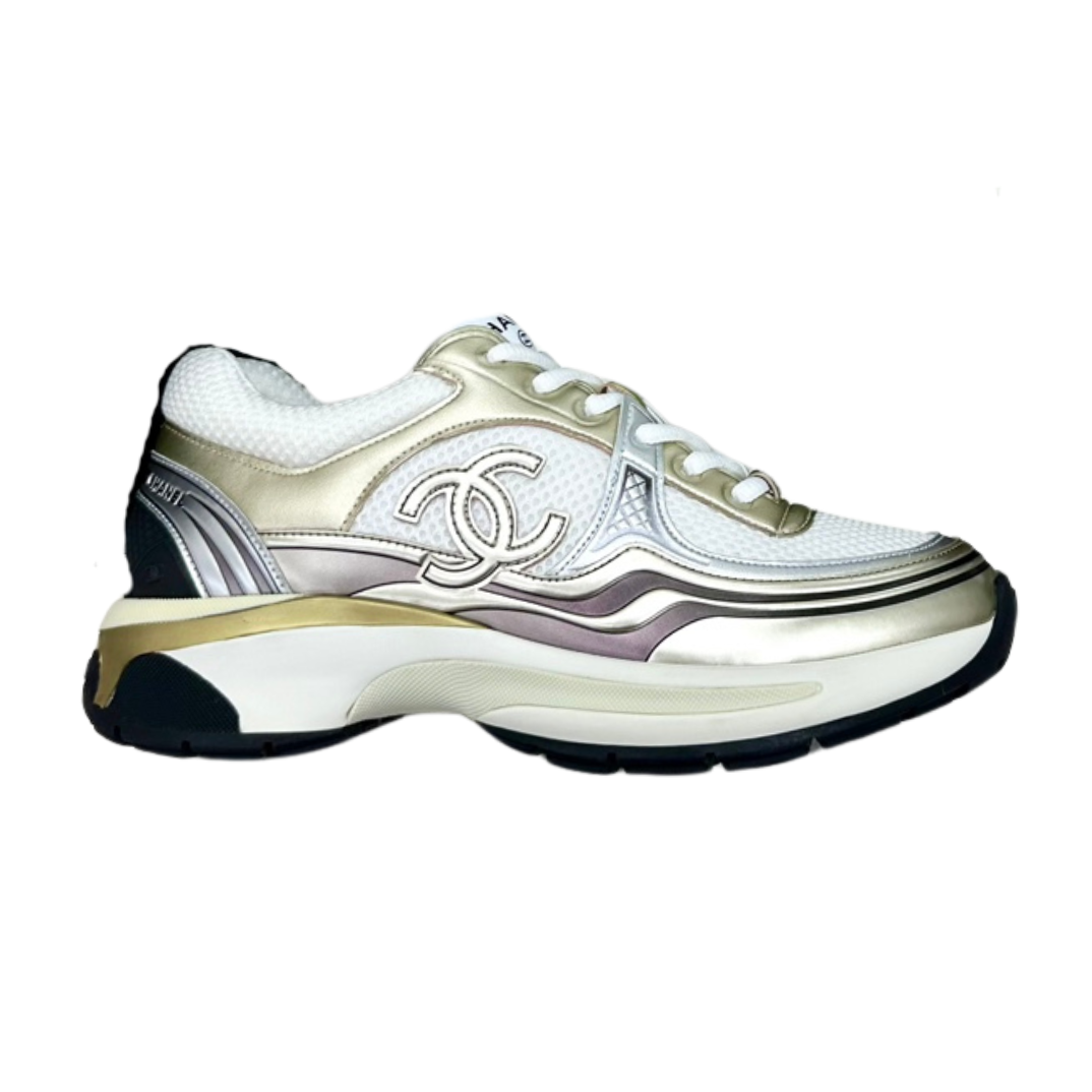 CHANEL CC RUNNERS SNEAKERS WHITE AND GOLD - Phantom Kicks