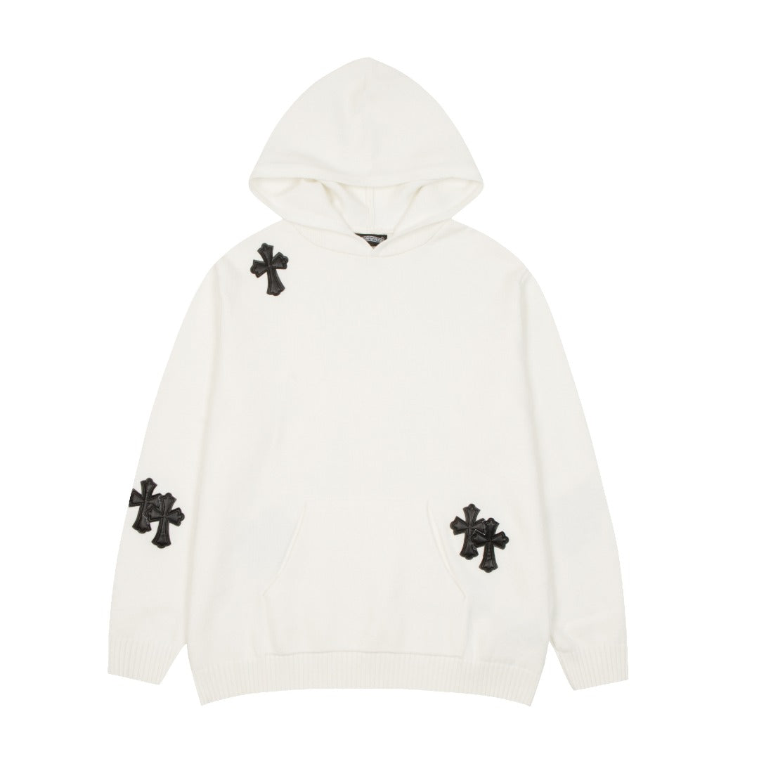 CHROME HEARTS BLACK CROSS PATCH HOODIE WHITE - Phantom Kicks