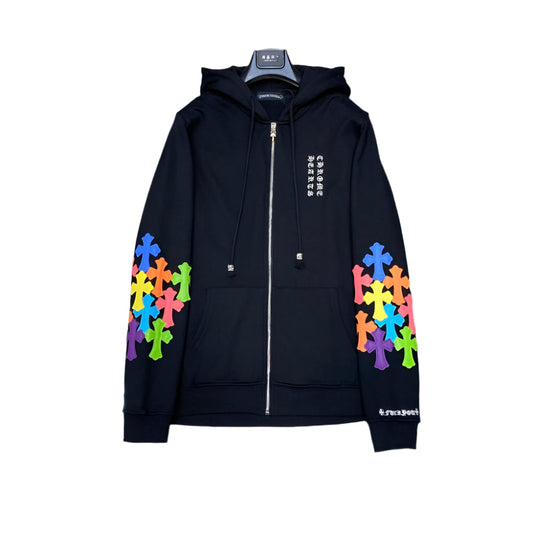 CHROME HEARTS MULTICOLOR CROSS PATCH ZIPPER HOODIE BLACK - Phantom Kicks