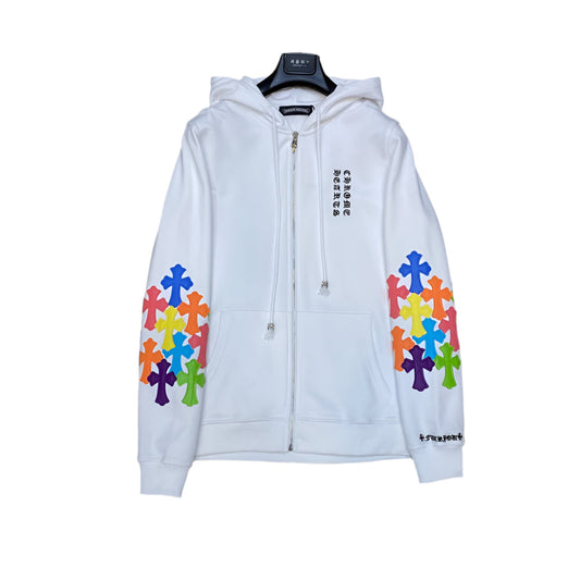 CHROME HEARTS MULTICOLOR CROSS PATCH ZIPPER HOODIE WHITE - Phantom Kicks