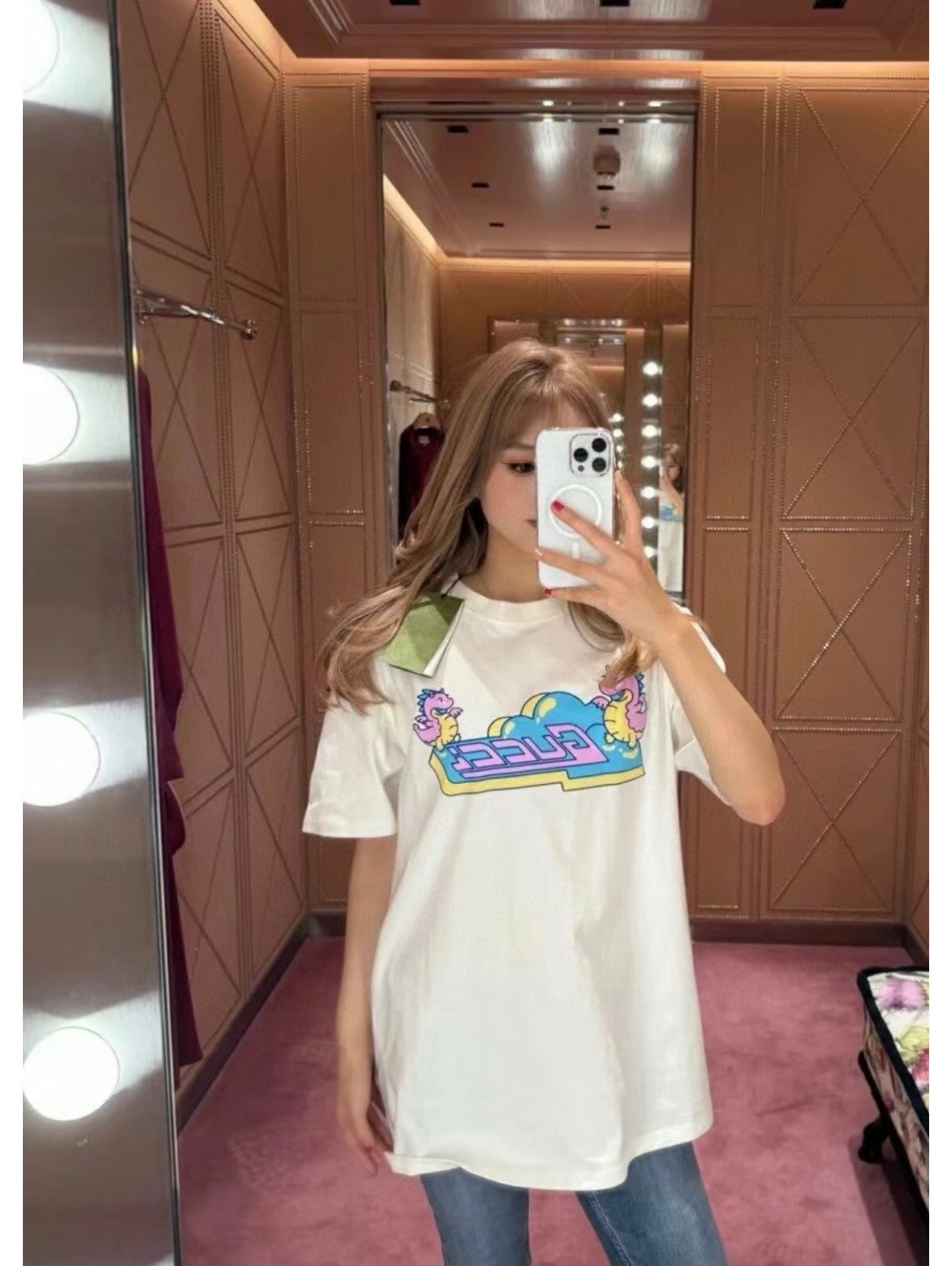 Gucci White T-Shirt with Pink Dinosaur Graphic - Phantom Kicks