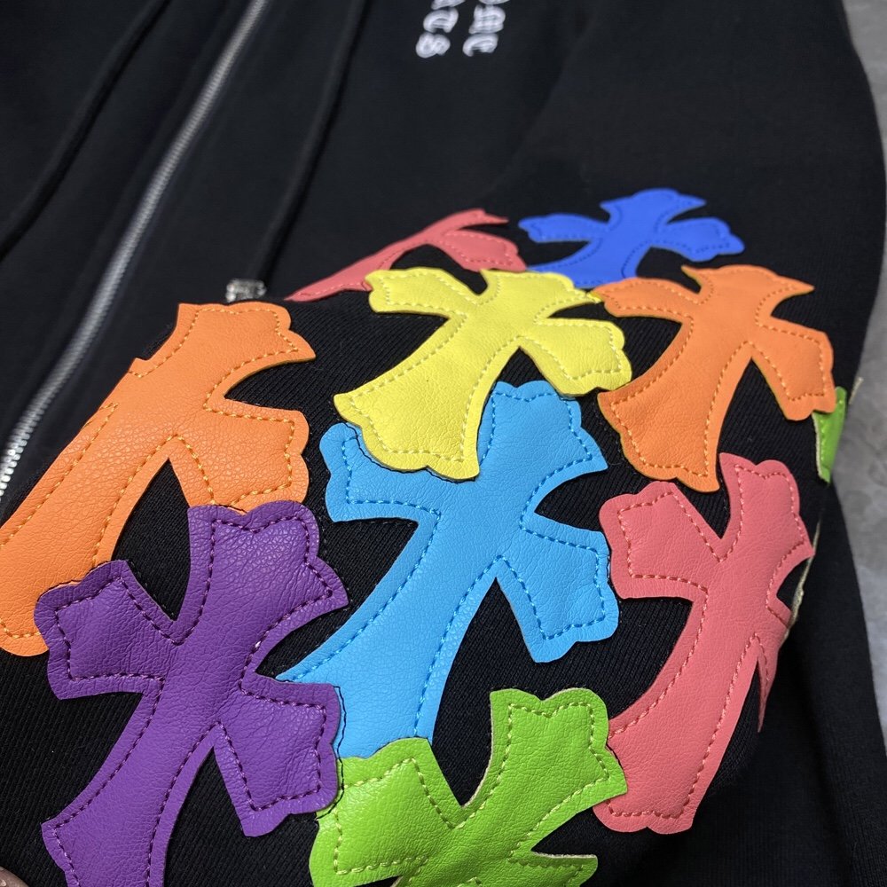 CHROME HEARTS MULTICOLOR CROSS PATCH ZIPPER HOODIE BLACK - Phantom Kicks