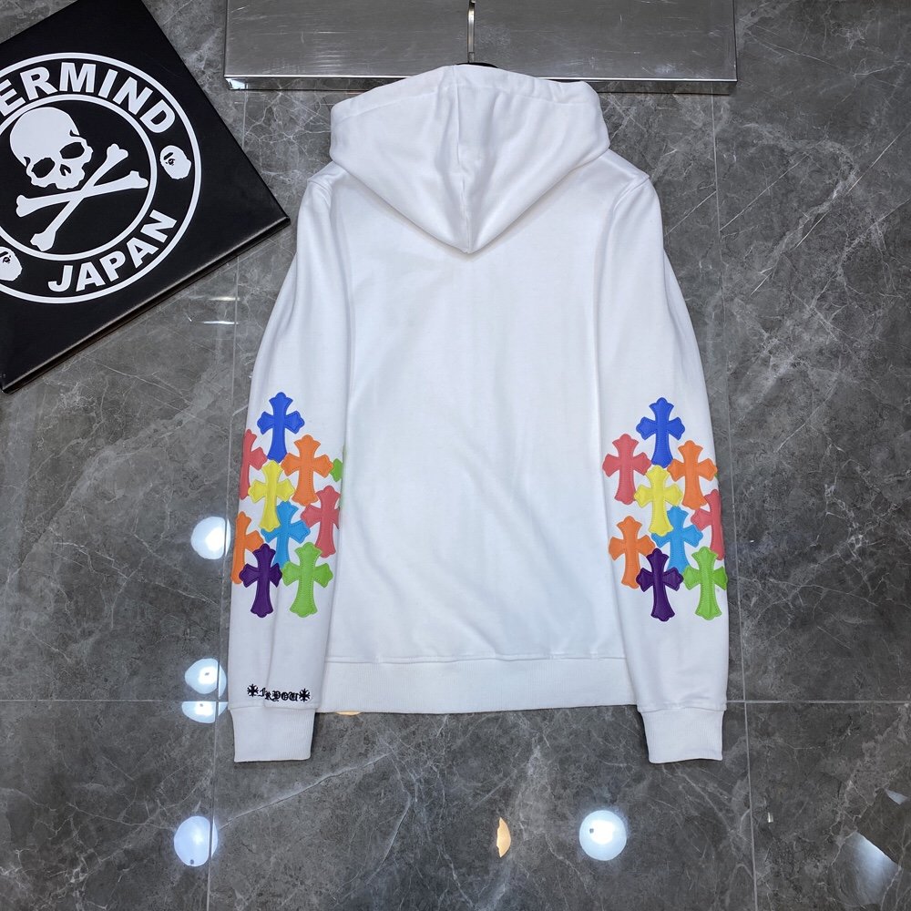 CHROME HEARTS MULTICOLOR CROSS PATCH ZIPPER HOODIE WHITE - Phantom Kicks