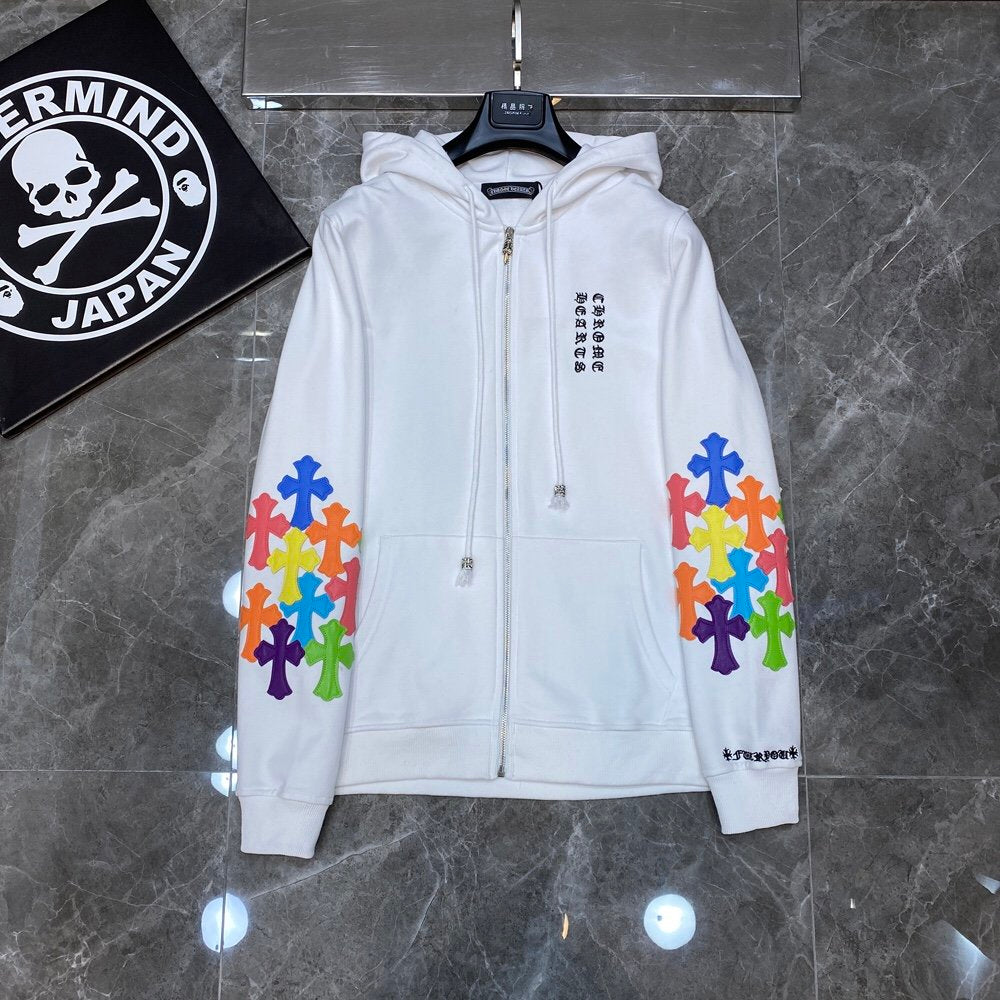 CHROME HEARTS MULTICOLOR CROSS PATCH ZIPPER HOODIE WHITE - Phantom Kicks