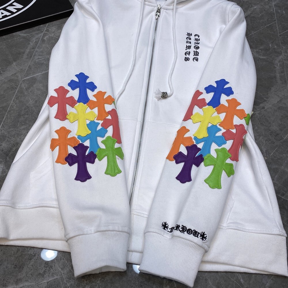 CHROME HEARTS MULTICOLOR CROSS PATCH ZIPPER HOODIE WHITE - Phantom Kicks