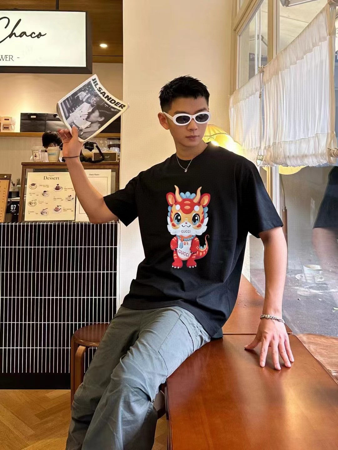Gucci Black T-Shirt with Dragon Cartoon - Phantom Kicks